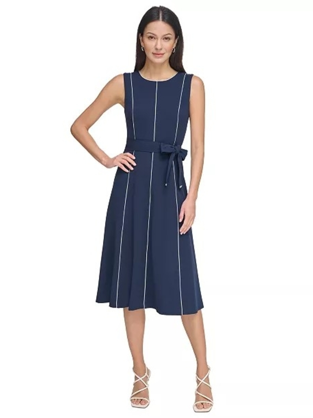 DKNY Navy Sleeveless Midi Dress with White Piping and Tie Belt